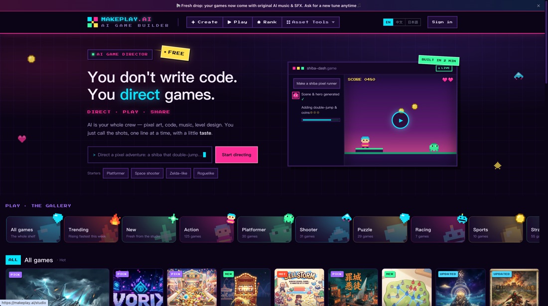 MakePlay AI game-builder landing page