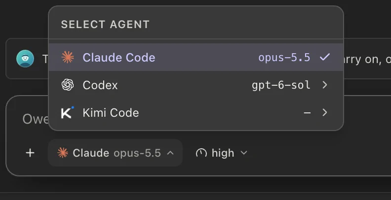 The composer's agent and model picker open.