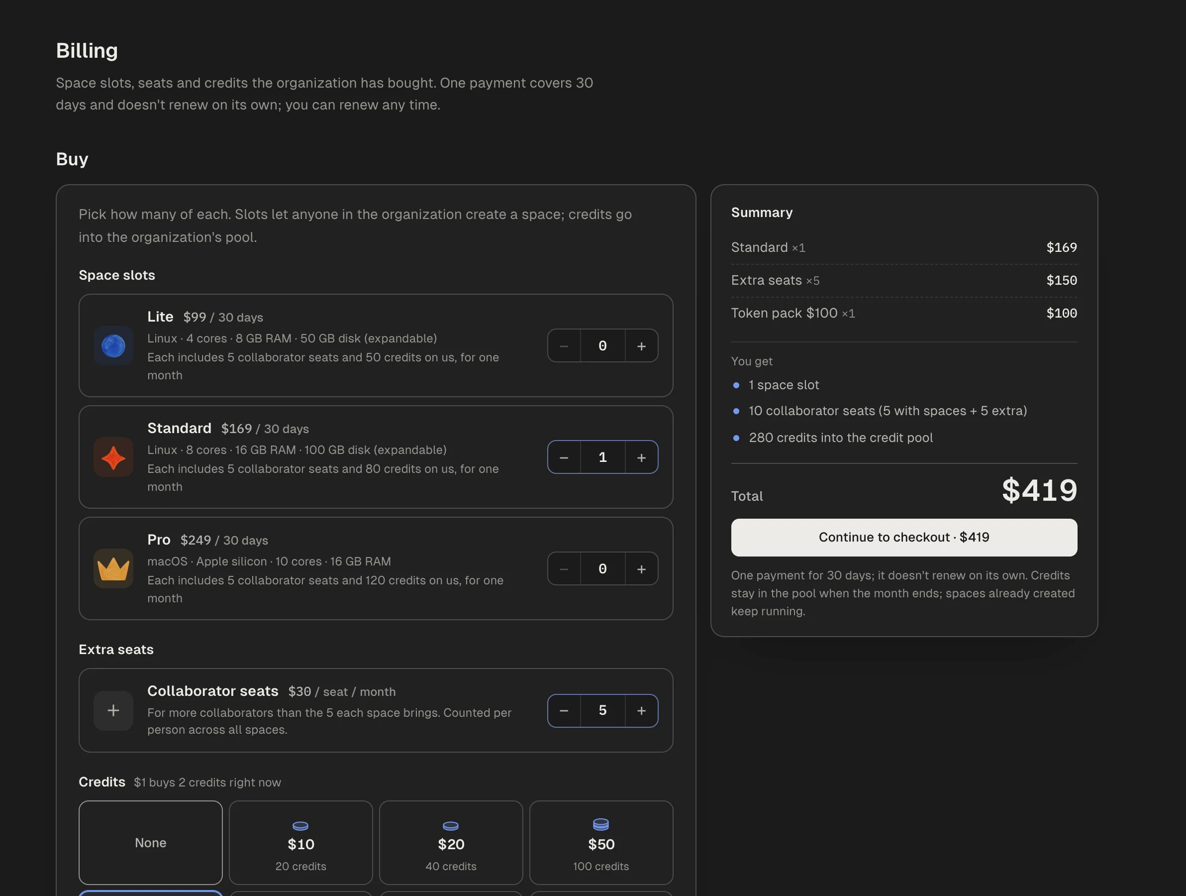 Billing: steppers for each tier's slots, extra seats and a credit pack, with the total on the right.