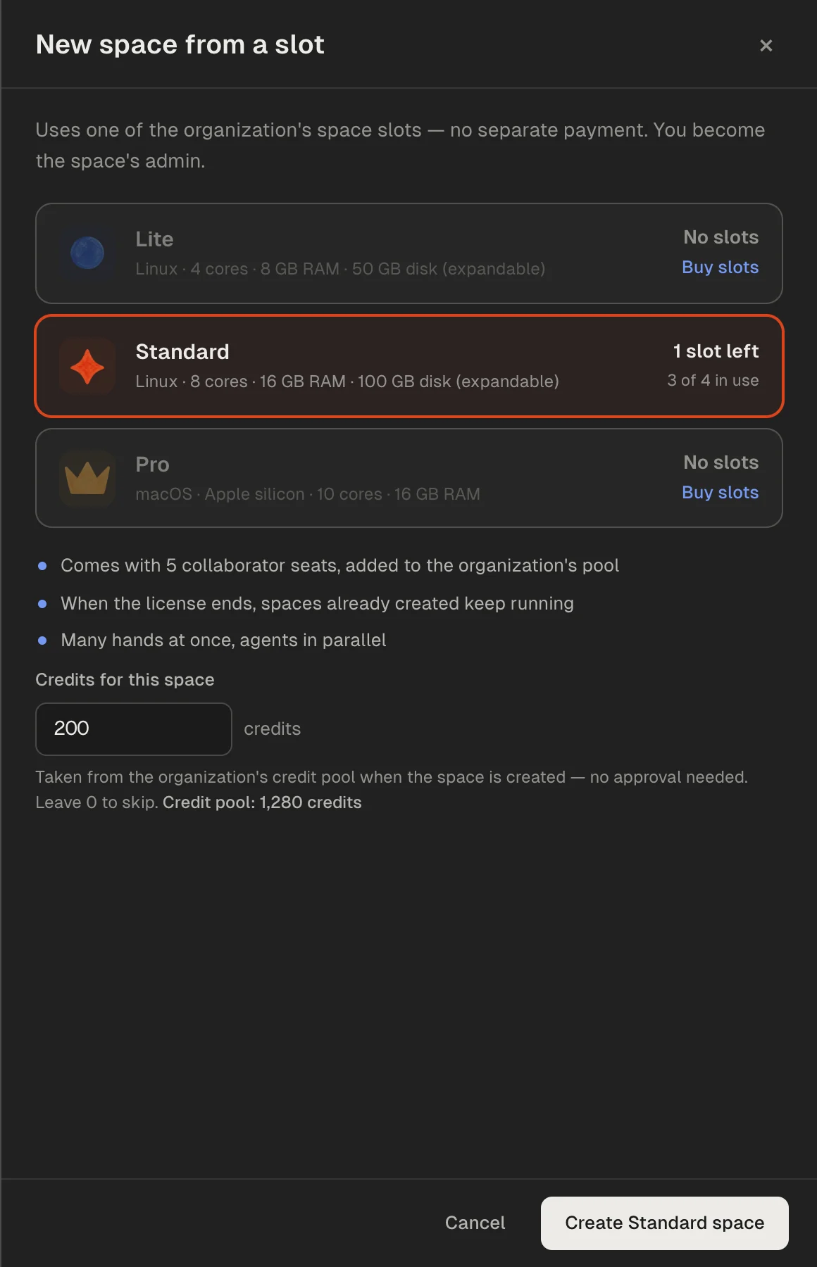 Create a space from a slot: three tiers with the slots left on each, and a credits field.