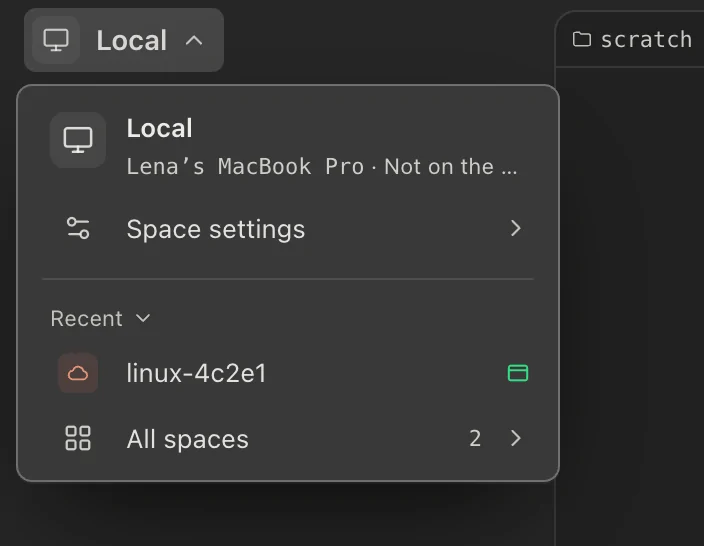 The space menu open at the top of the left column: this computer, Space settings, All spaces.